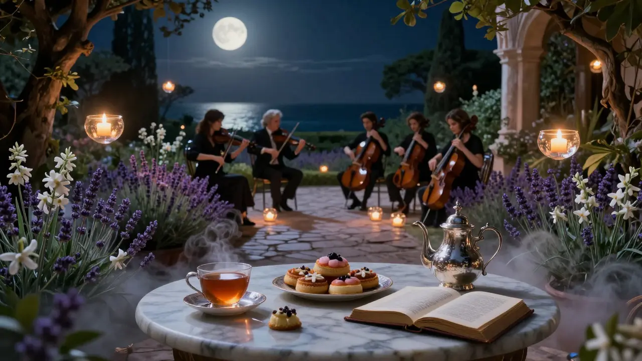 Hidden garden bar with floating candles and string quartet under moonlight, no alcohol visible.