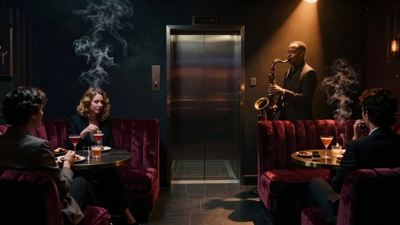 Hidden Level 43 lounge with jazz musician, dim lighting, and sophisticated patrons in moody ambiance.