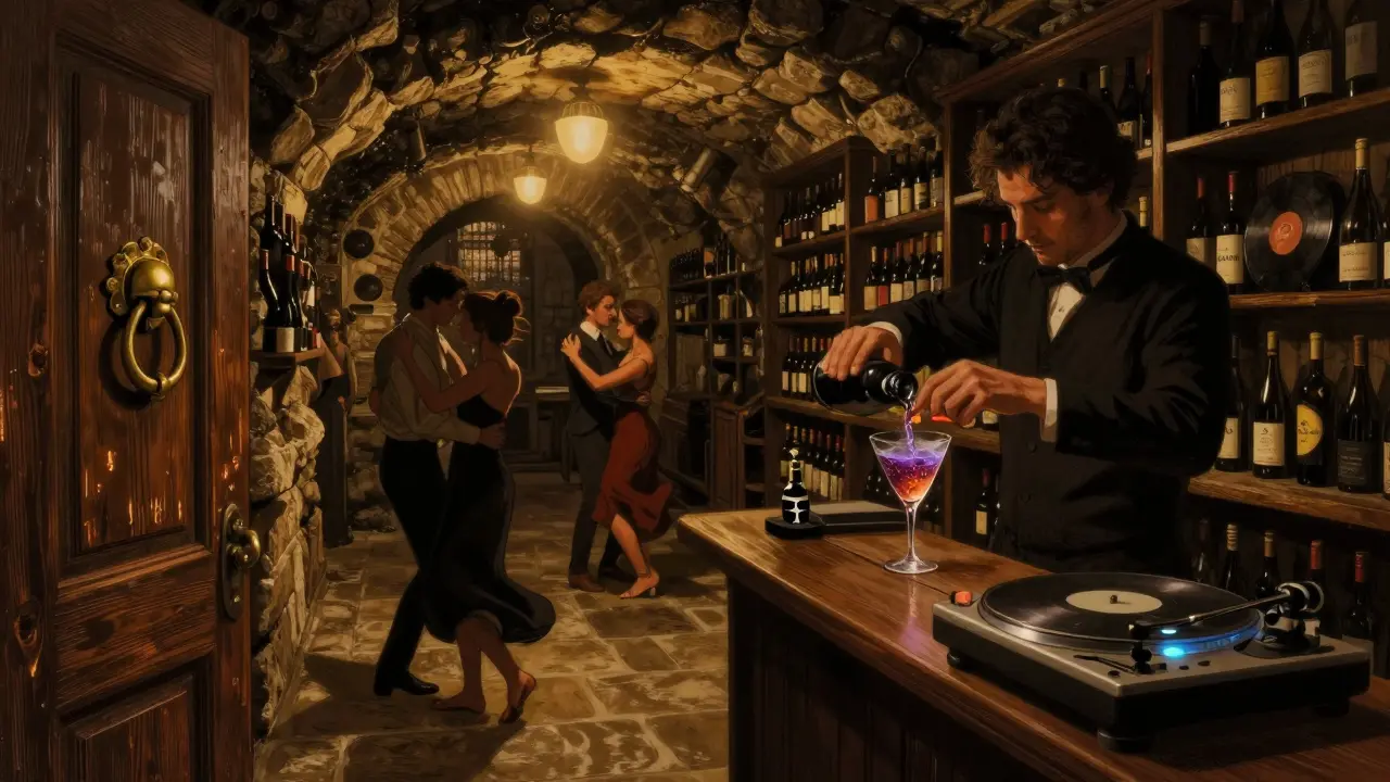 Hidden underground bar with vinyl records, low lighting, and patrons dancing in a wine cellar.