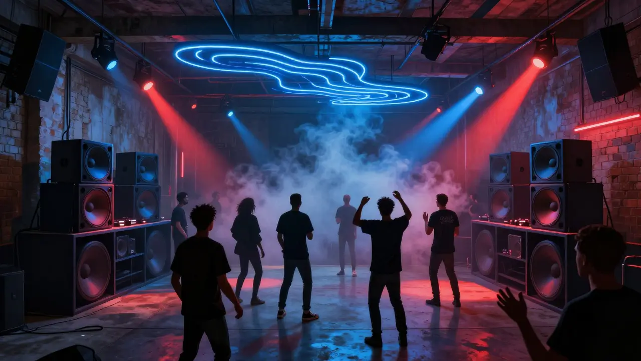 Industrial warehouse club with neon lights and crowd lost in techno music