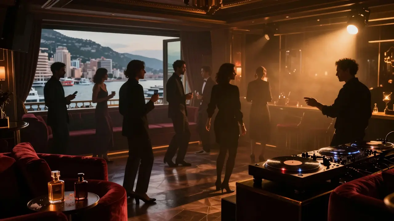 Inside Jimmy’z nightclub, silhouettes of elegant guests dancing to deep house music under warm amber lights.