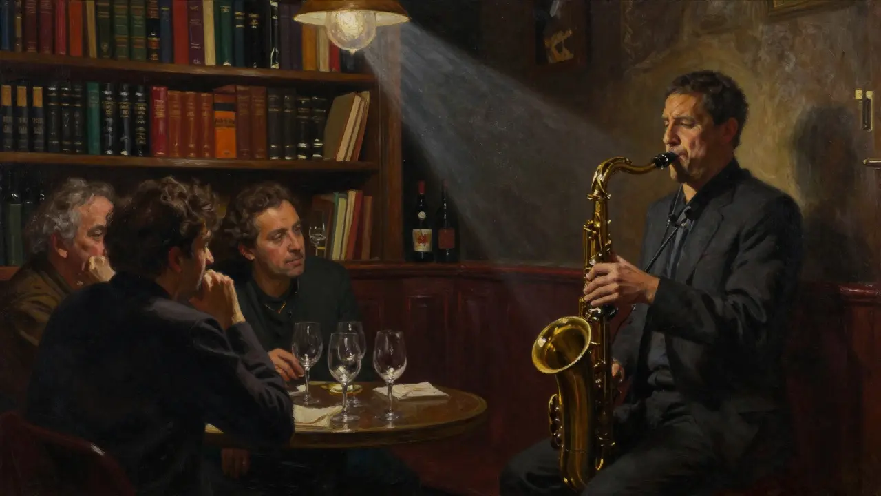 Intimate jazz bar in Brera with a saxophonist playing softly as patrons listen quietly.