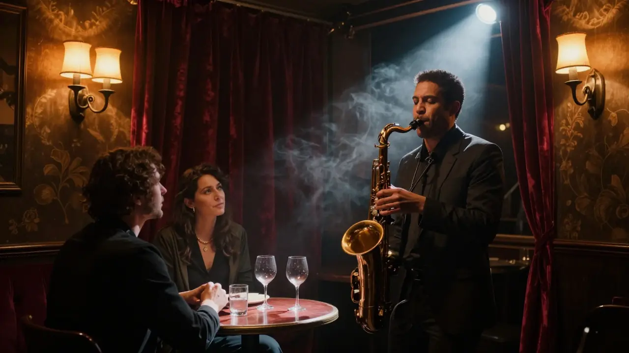 Intimate jazz club scene with saxophone player and couple under soft red lighting.
