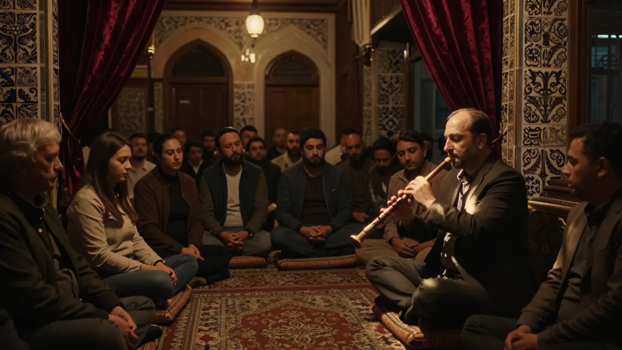 Intimate music venue with musicians playing ney flute and audience seated in quiet reverence under warm lantern light.