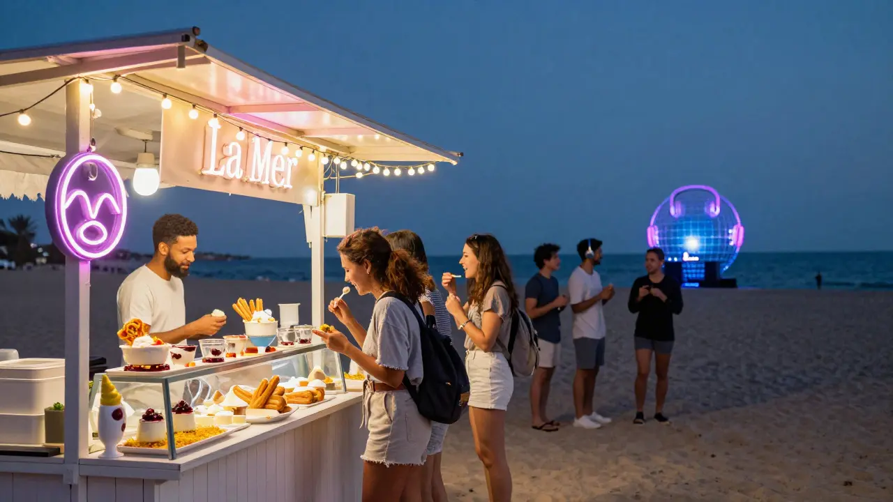 Late-night dessert stall at La Mer with colorful treats and silent disco guests under starlit beach skies.