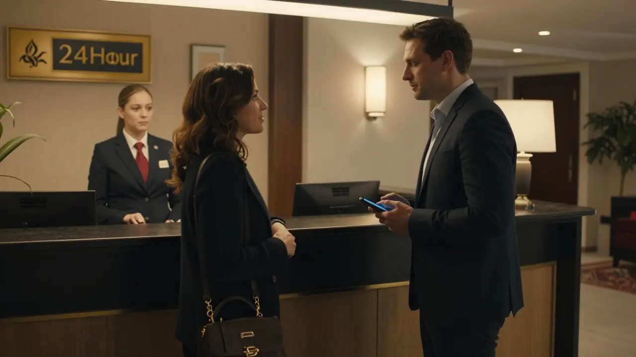 Man and woman meeting politely in a hotel lobby with 24-hour reception in view.