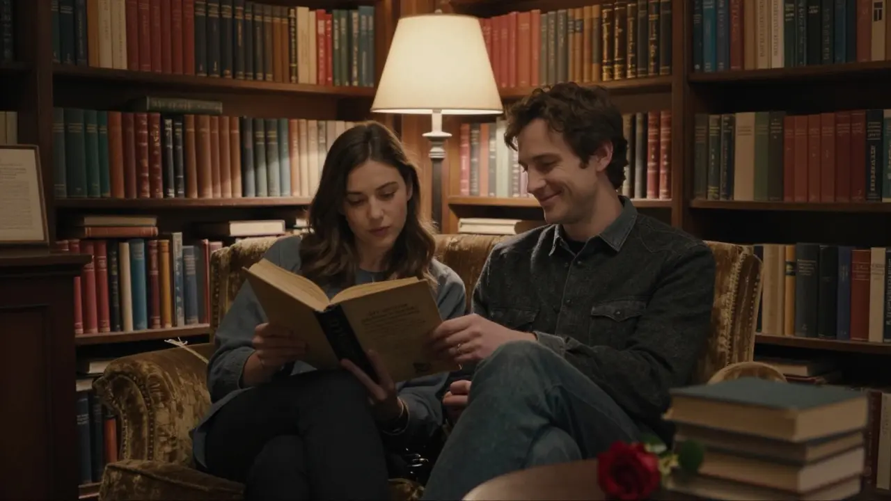 Man and woman reading poetry together in a cozy bookshop, surrounded by old books.