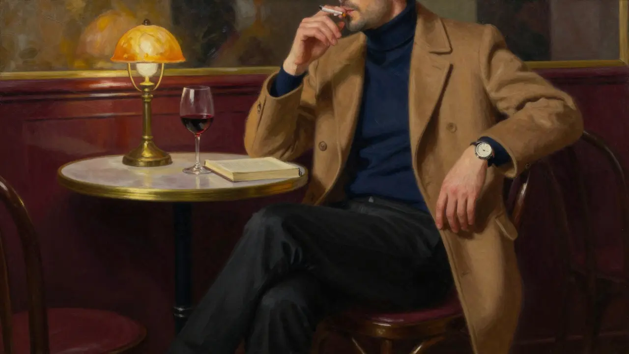 Man in navy turtleneck and camel coat sitting in a cozy jazz bar, holding a cigarette, soft lighting, book and wine nearby.