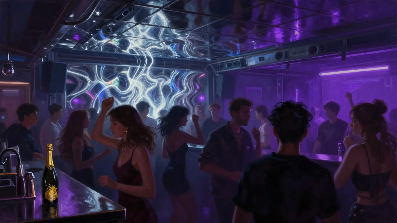 Neon-lit dance floor at Opal Club with mirrored ceilings and rhythmic energy at midnight.
