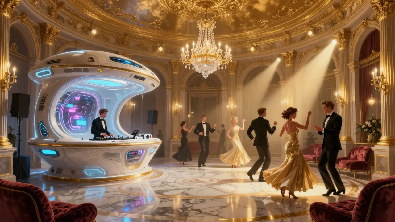 Opulent Cavalli Club interior with gold ceilings, marble floors, and a spaceship-like DJ booth.