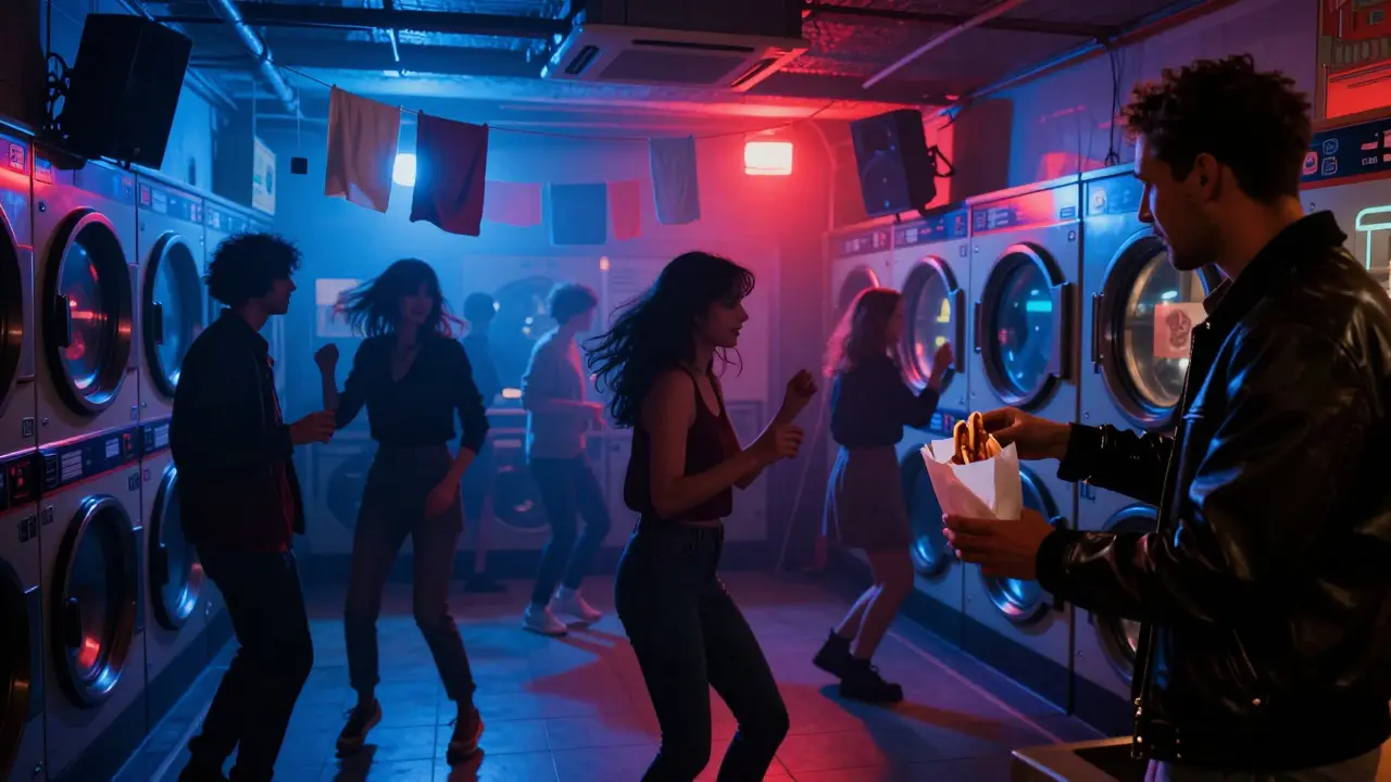 People dancing underground beneath a laundromat, lit by neon lights and surrounded by dryers.