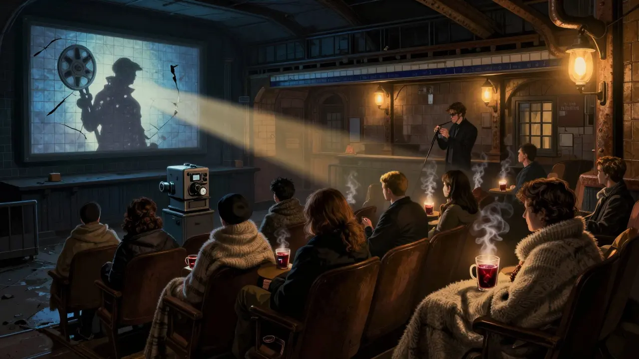 People in blankets watching a classic film projected on a cracked tile wall in a forgotten underground station.