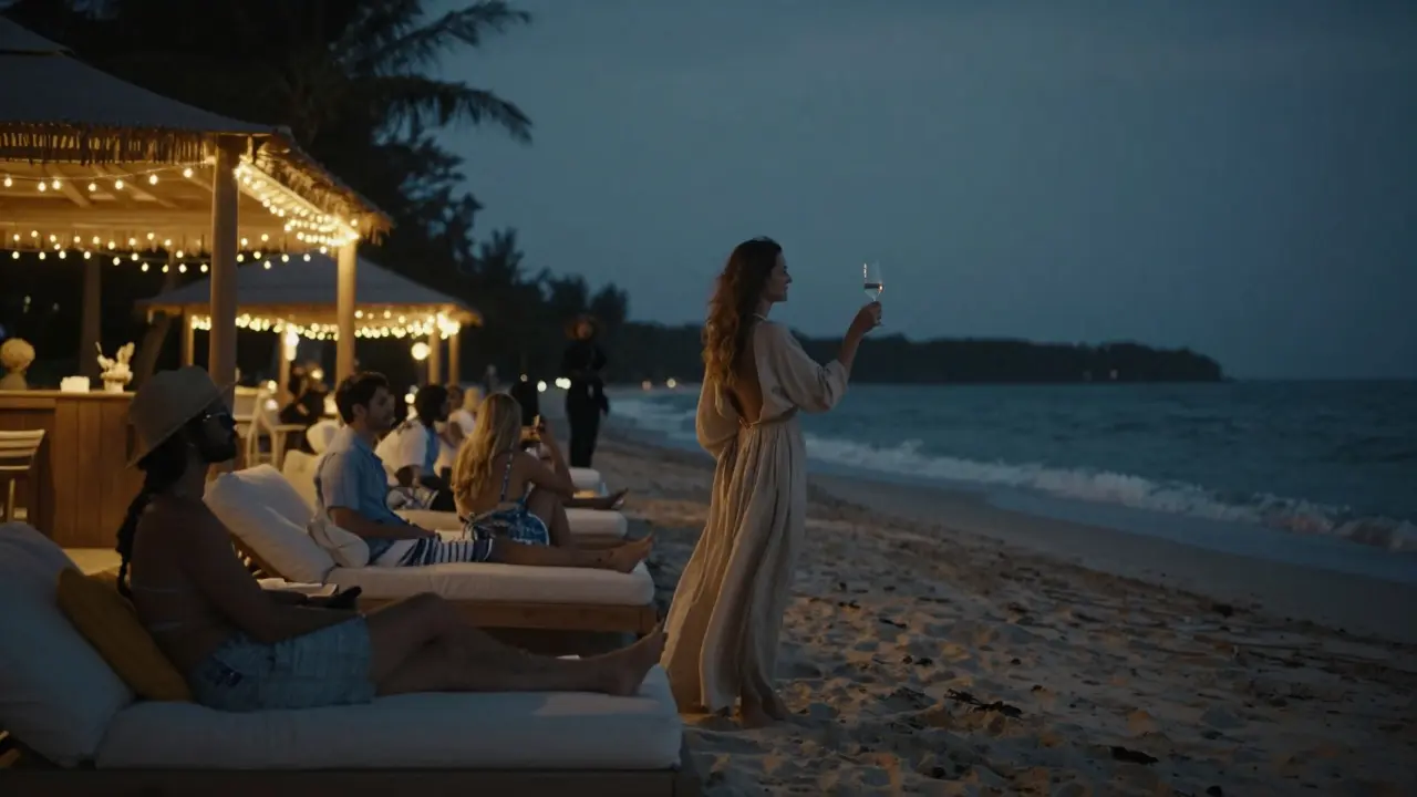 People relaxing on beach daybeds at The Beach House under string lights with ocean waves in the background.