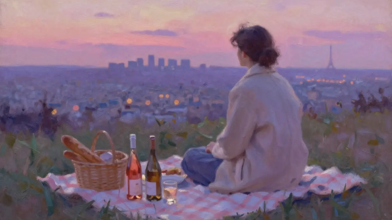 Picnic on Butte Chaumont with a bottle of rosé and bread, Paris skyline fading in the sunset.