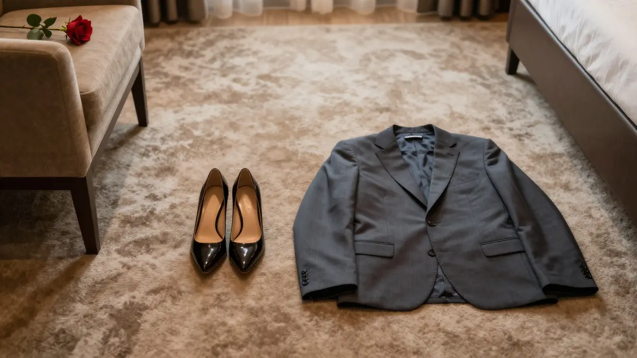 Polished shoes and a suit jacket placed neatly together in a luxury hotel suite, with a single rose nearby.