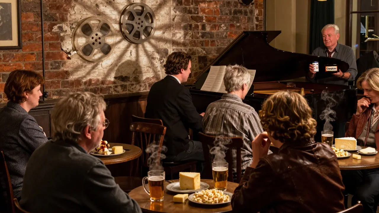 Quiet film café with live piano, silent movie projection, and patrons enjoying ale and cheese under flickering light.