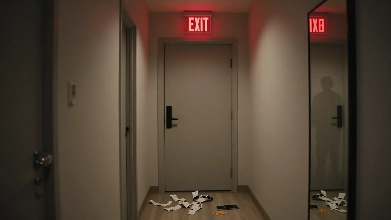 Red exit sign above a dark hallway with discarded items symbolizing a dangerous encounter.