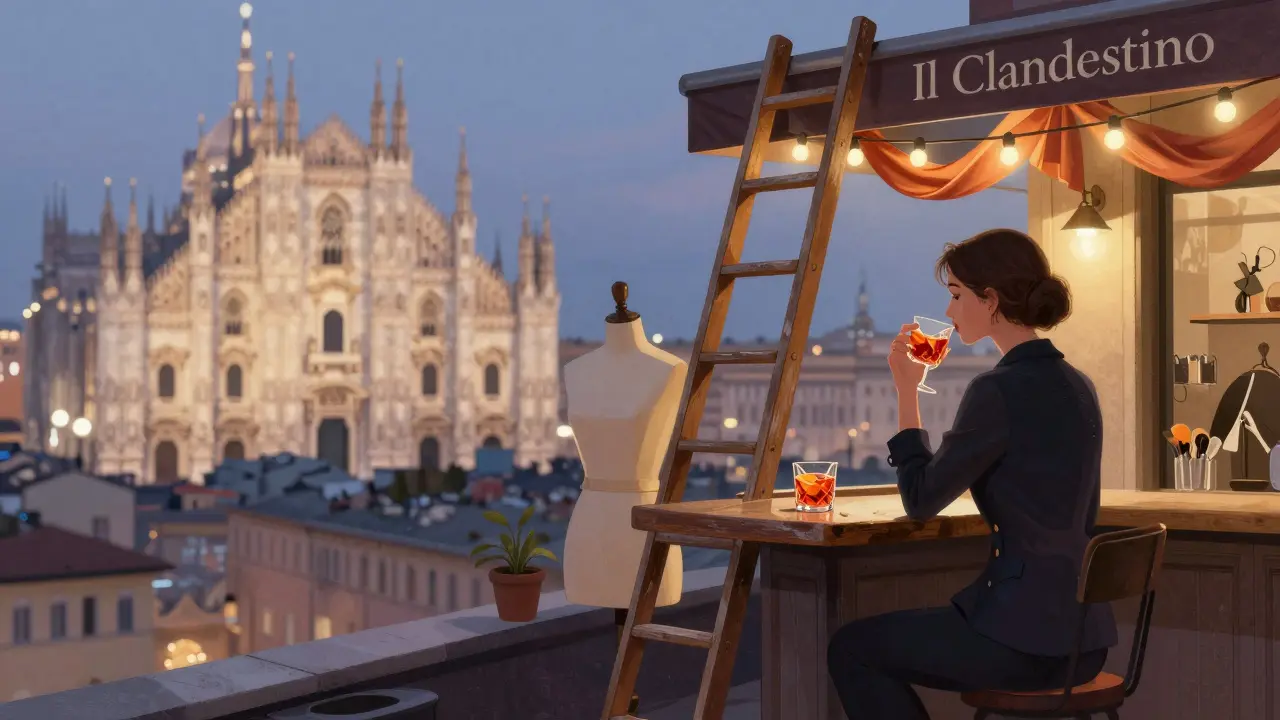 Rooftop bar above a tailor shop with view of illuminated Duomo, person sipping a cocktail at night.