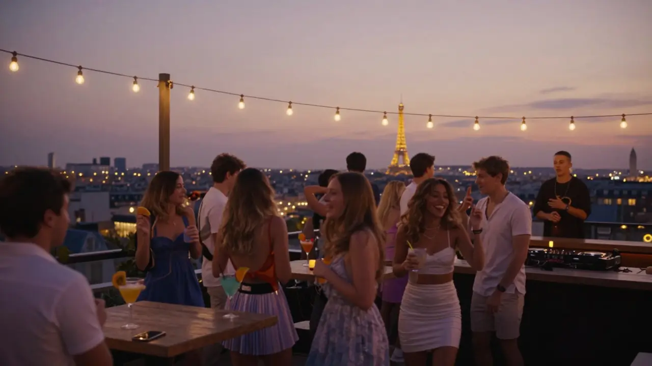 Rooftop party in Paris with city lights and dancers under string lights