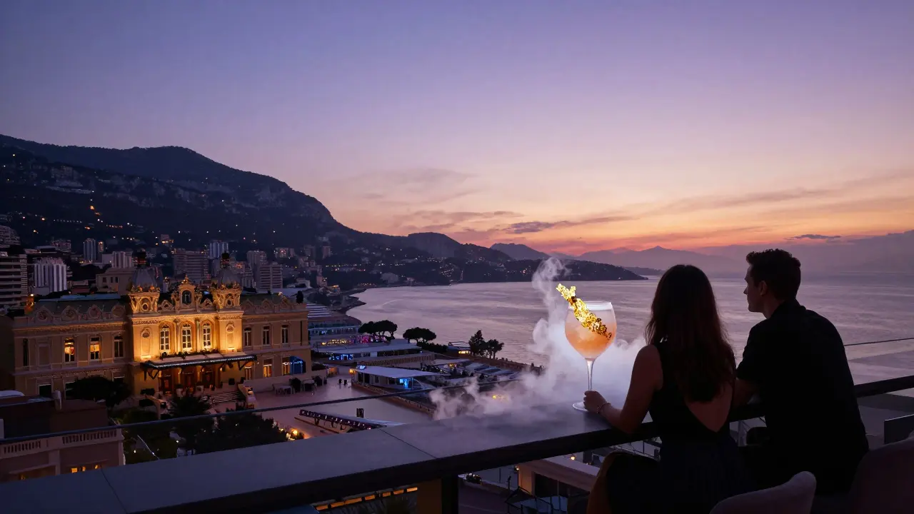 Rooftop terrace at sunset with cocktails, golden smoke, and a panoramic view of Monaco's harbor.