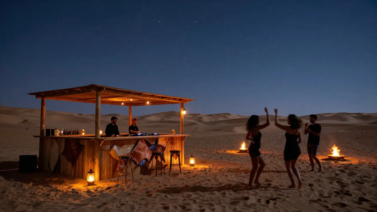 Secret desert party under stars with camel leather bar, fire pits, and dancers on sand, no phones allowed.