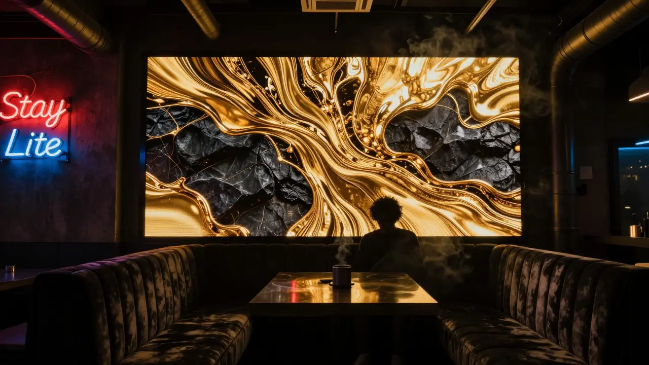 Silhouette seated in moody underground lounge lit by flowing gold LED art on the wall.