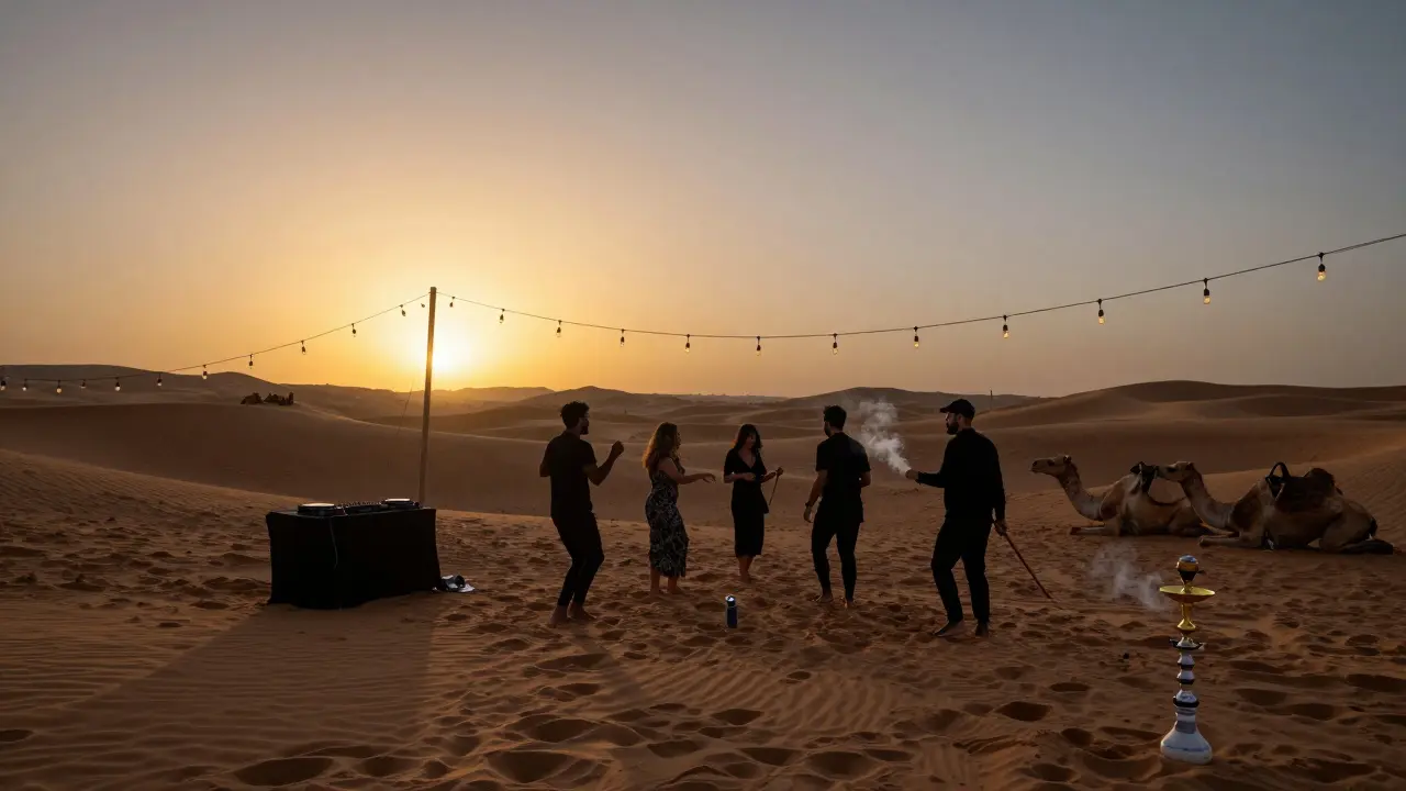 Silhouettes dancing under string lights on desert dunes at sunrise, with camels and shisha pipes in the foreground.