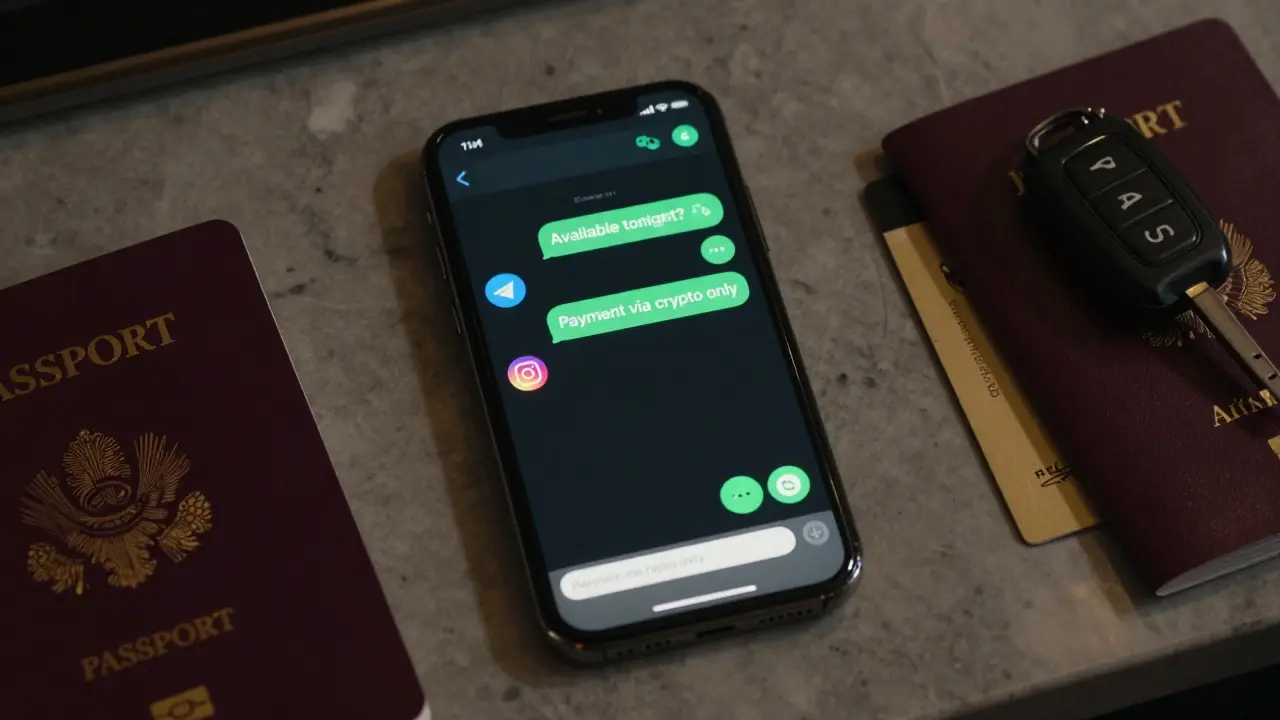 Smartphone screen showing encrypted messages about escort payments, beside a passport and hotel keycard.