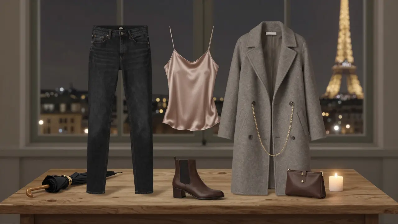 Still life of Parisian night-out essentials: jeans, coat, boots, gold chain, and clutch on wooden table with candlelight.