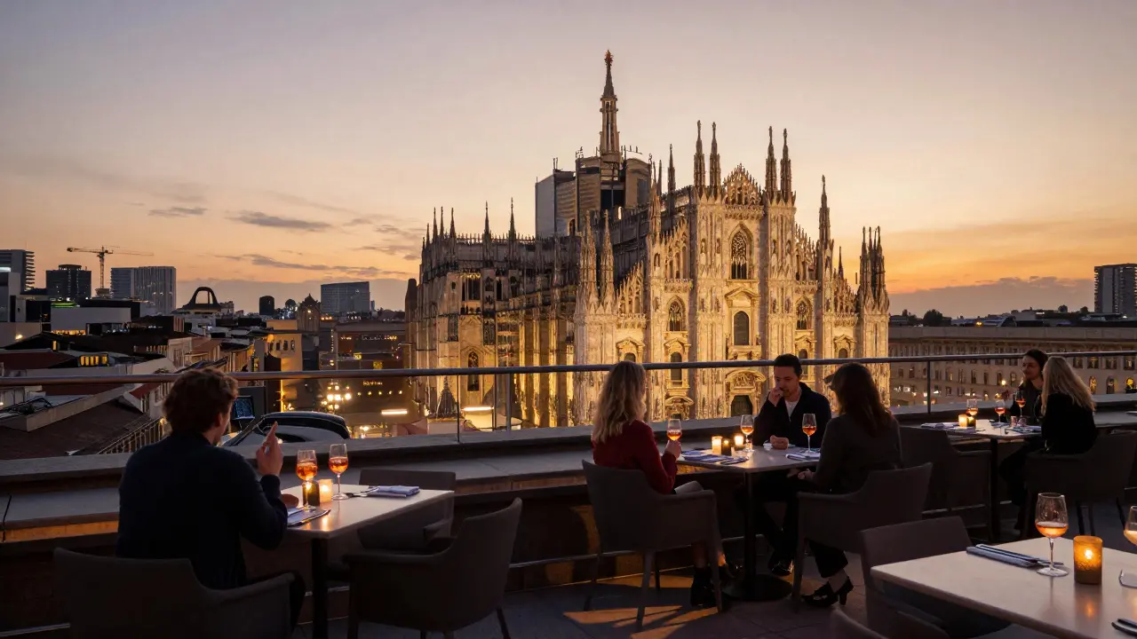 Sunset view from Milan rooftop bar showing Duomo and modern towers, guests sipping drinks as city lights begin to glow.