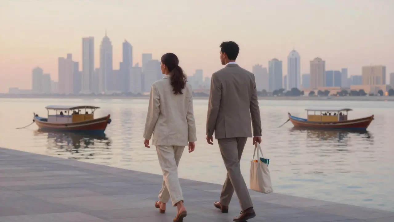 Two individuals walking peacefully along Dubai Creek at dawn, surrounded by urban serenity.