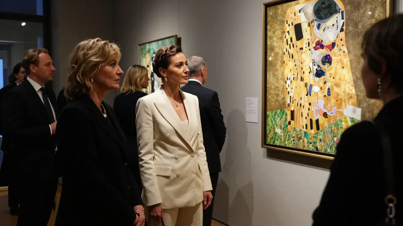 Two women at an art gallery opening, one in a suit admiring a Klimt painting with thoughtful expression.