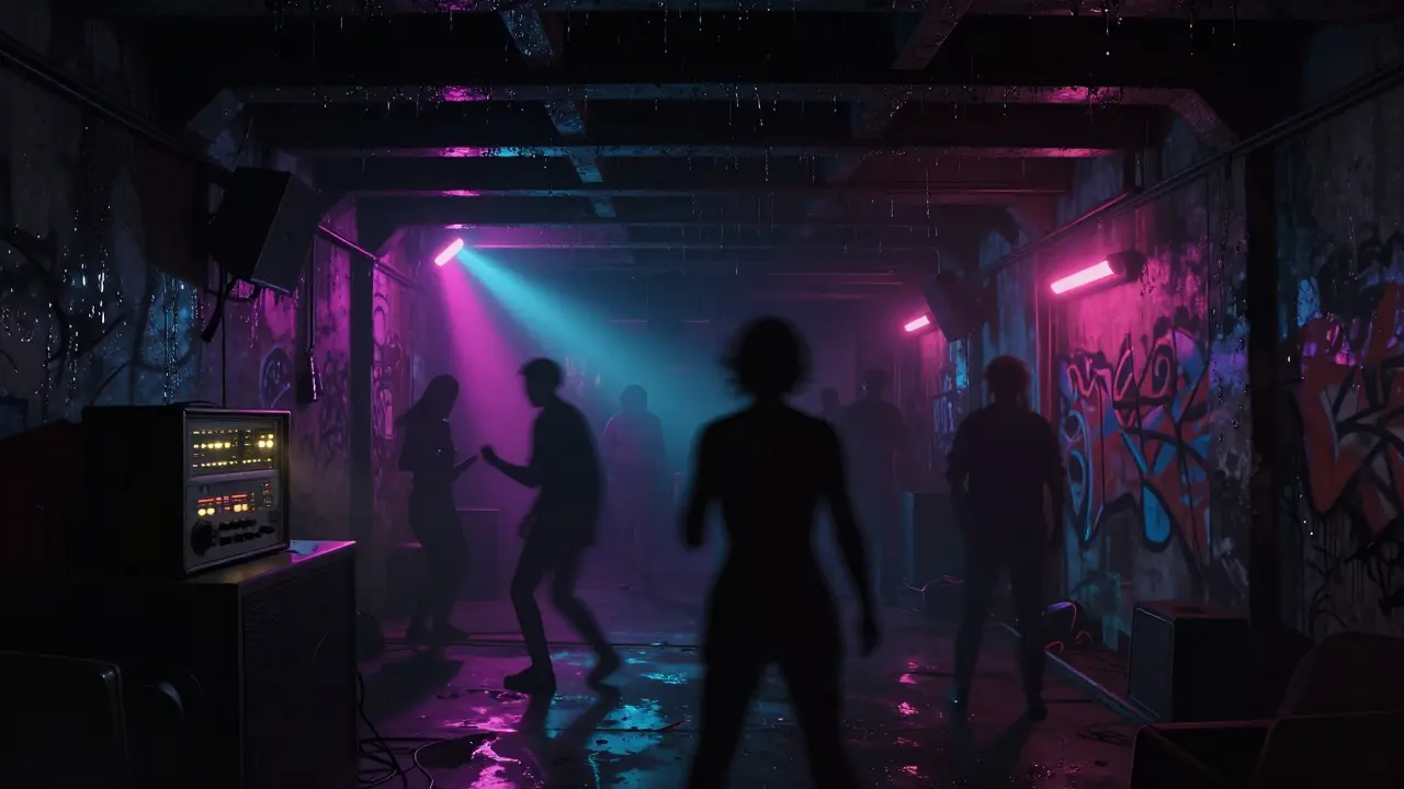Underground club beneath a railway bridge with pulsing lights and dancers lost in music.