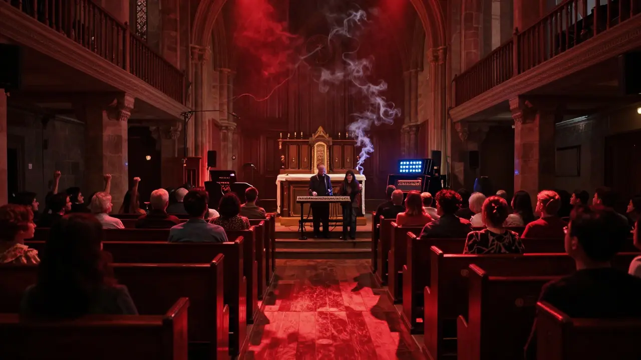 Underground club in a converted church with red lighting, people dancing on pews, synth lights glowing.