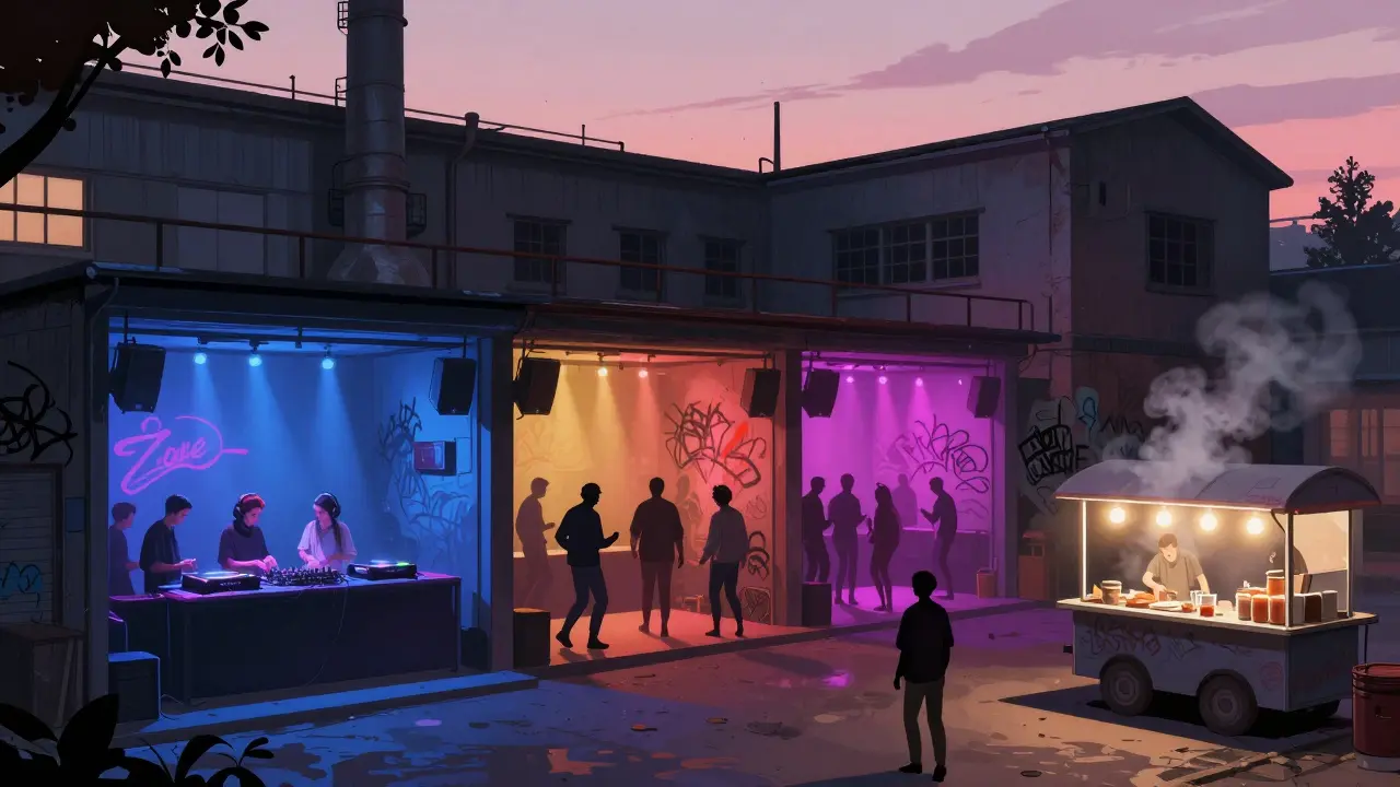 Underground club Officine Umane at dawn, diverse dancers in multi-colored glowing rooms.