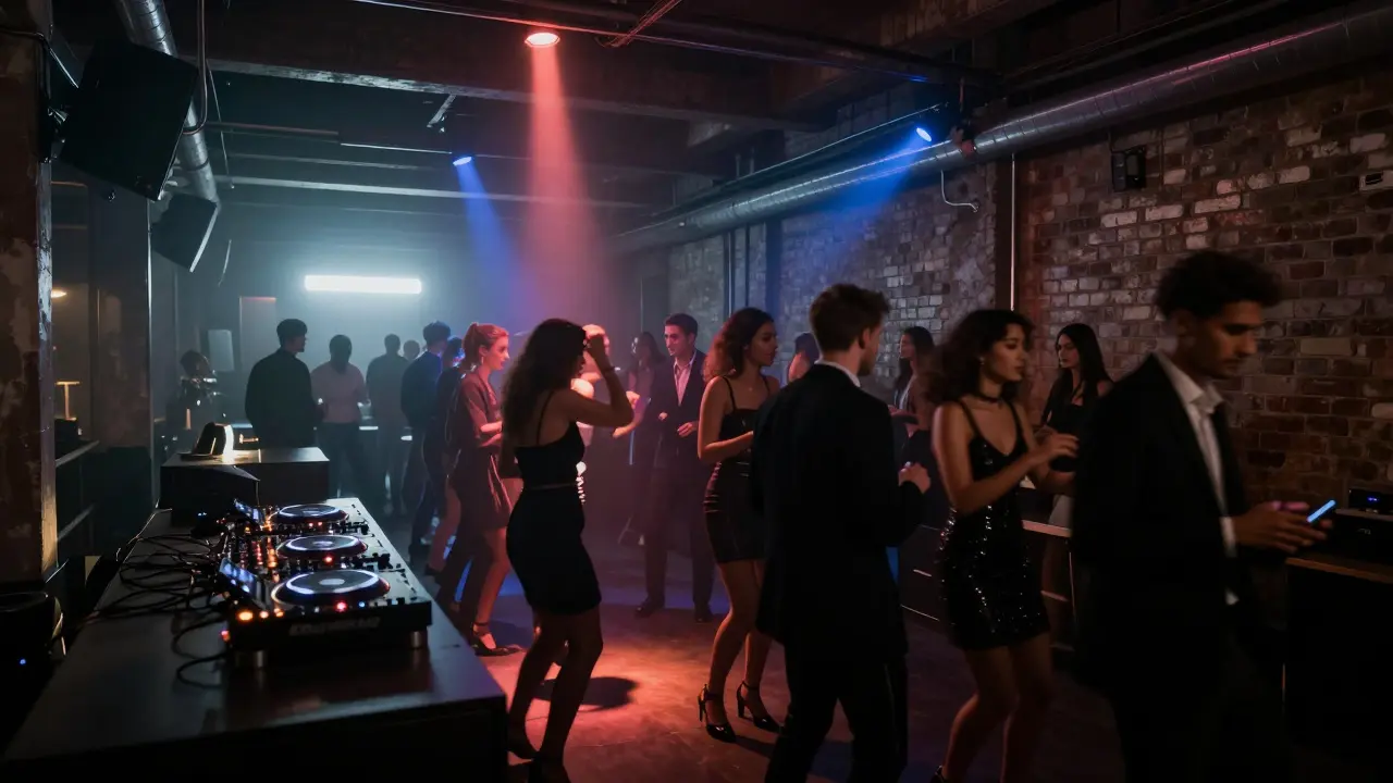 Underground club scene in Milan at midnight with elegant crowd dancing under moody colored lights.