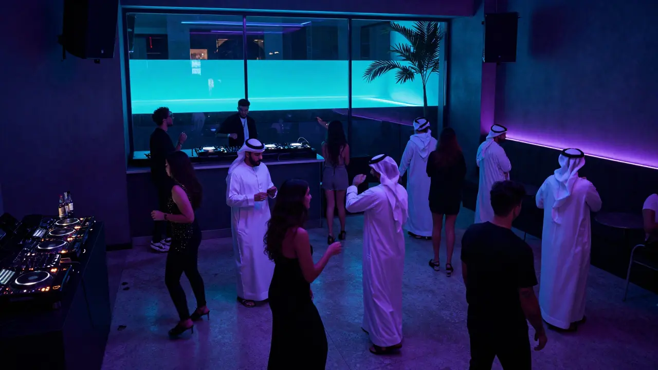 Underground club with UV lights and dancing crowd, pool glowing above in cool tones.