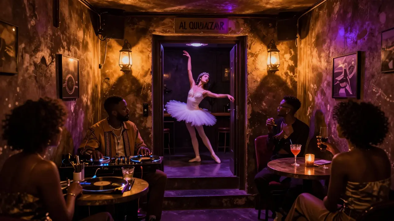 Underground speakeasy in Al Quoz with a DJ and ballerina performing under flickering lanterns and colored spotlights.