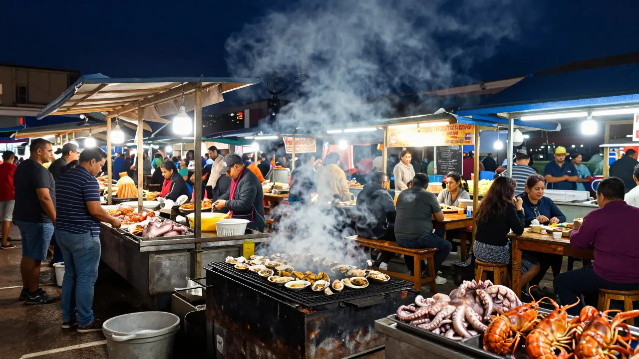 Vibrant night food market with sizzling seafood stalls and glowing lights under a dark sky.
