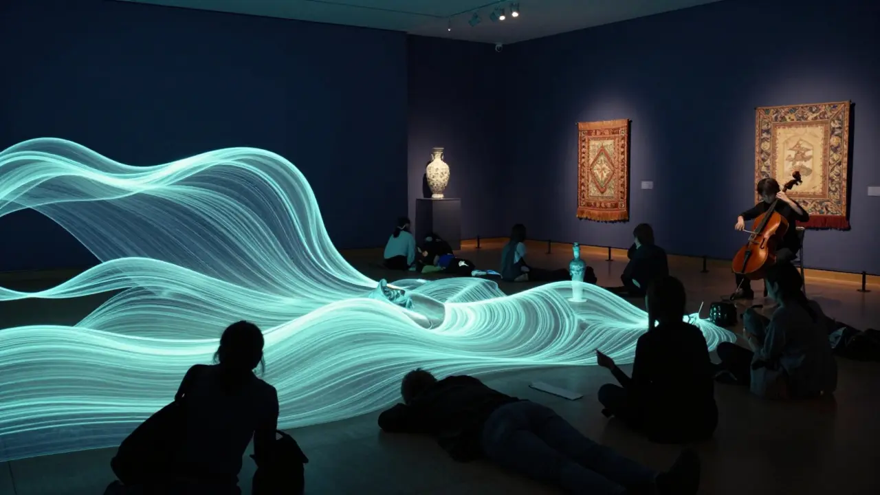 Visitors lying on the floor beneath a glowing ceramic installation in a quiet, lit museum gallery at night.