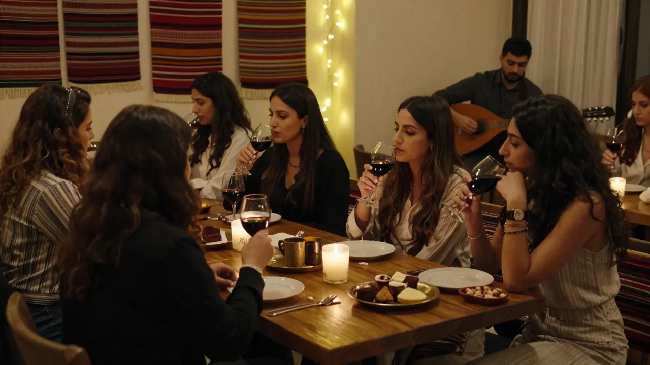 Women at a cultural evening with oud music and Arabic desserts under string lights in a quiet venue.