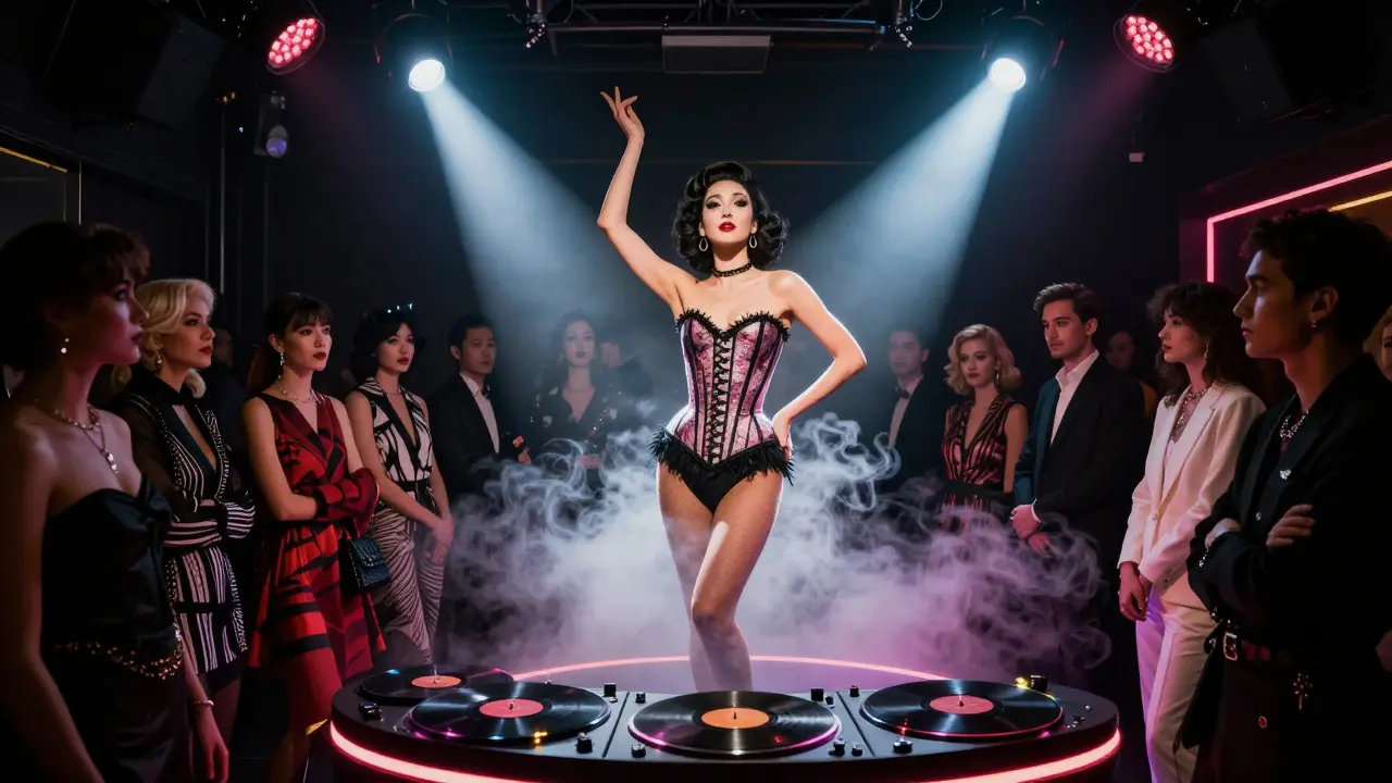 A burlesque performer in Dior corset under dramatic lights, surrounded by avant-garde fashion enthusiasts.