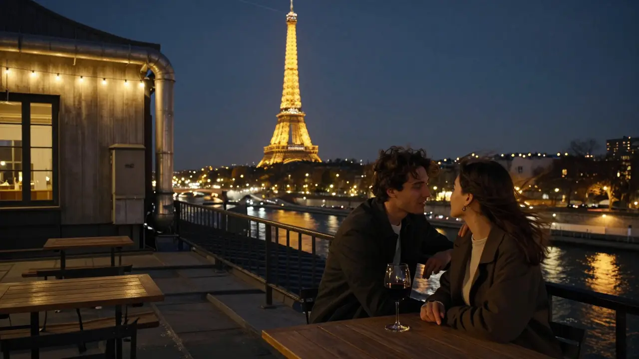 A couple enjoys a midnight view of Paris from a rooftop bar, the Eiffel Tower sparkling in the distance.