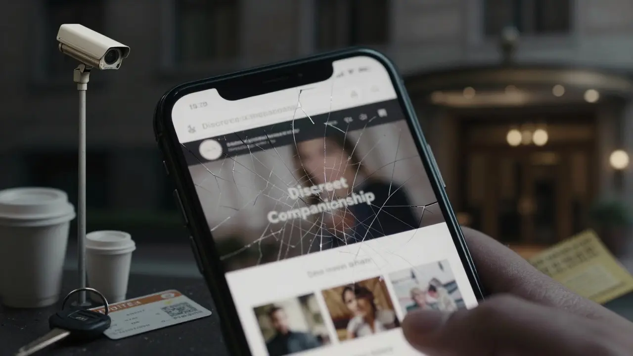 A cracked smartphone screen showing a fake escort website, with CCTV cameras and a hotel keycard in the background, evoking danger and deception.