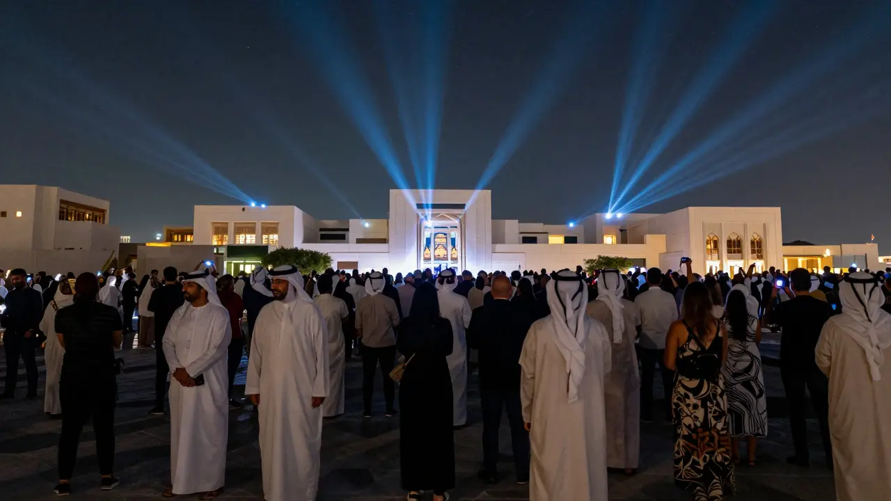 A crowd gathered at Manarat Al Saadiyat for a nighttime art performance under stars.