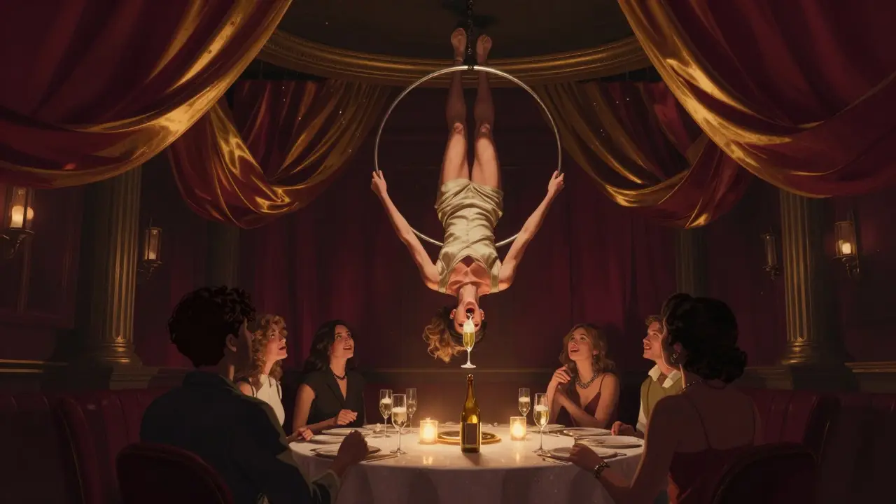 A dancer upside down above a table, pouring champagne from a flute held in her teeth at Le Rêve nightclub.
