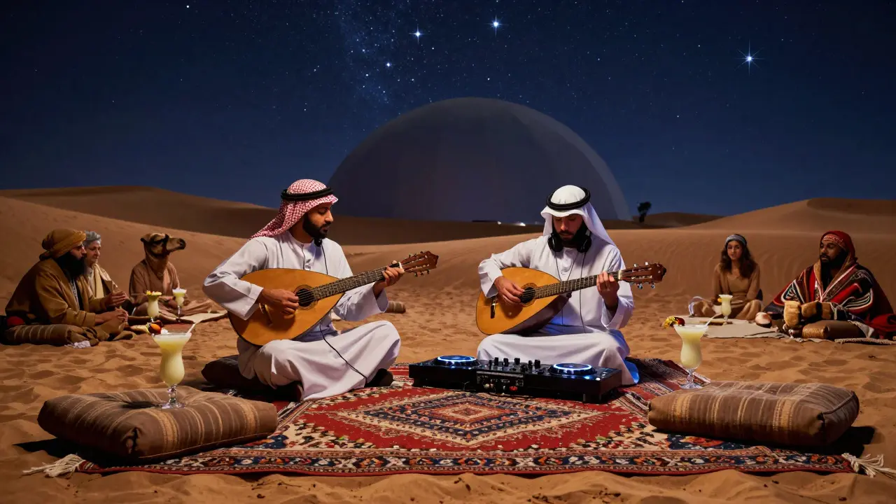 A fusion of Bedouin seating and modern DJ under a starry dome, blending traditional oud music with electronic beats.