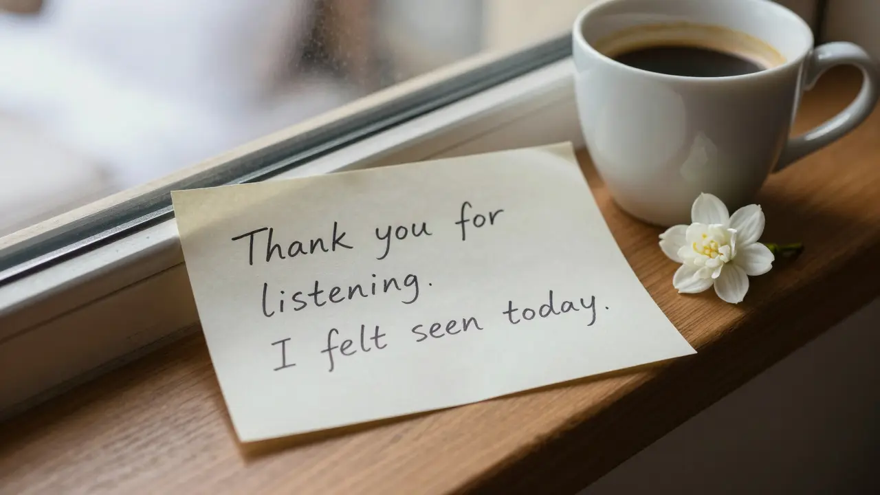 A handwritten note with simple words of gratitude beside a coffee cup and a jasmine flower.