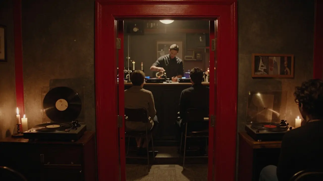A hidden red door at night leading into a dim, intimate bar where a bartender pours a drink by candlelight, surrounded by quiet patrons.
