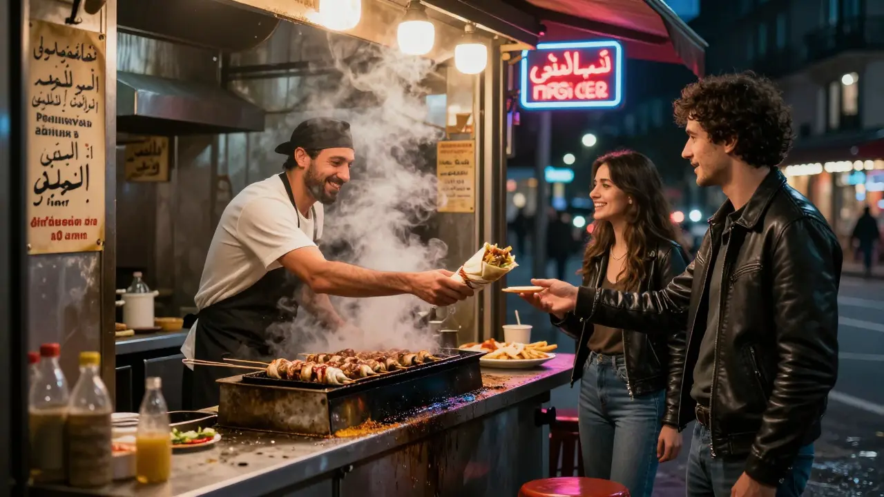 A late-night kebab vendor hands food to a customer at a bustling 24-hour joint in Paris.